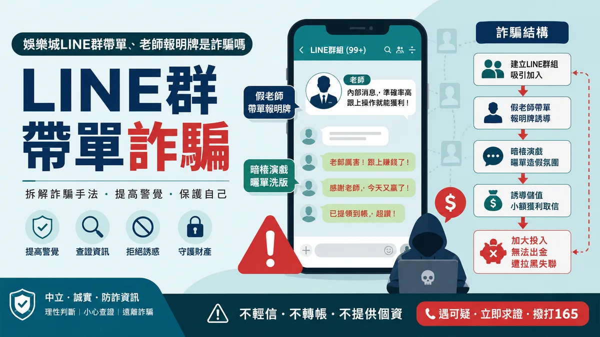 娛樂城LINE群帶單、老師報明牌是詐騙嗎